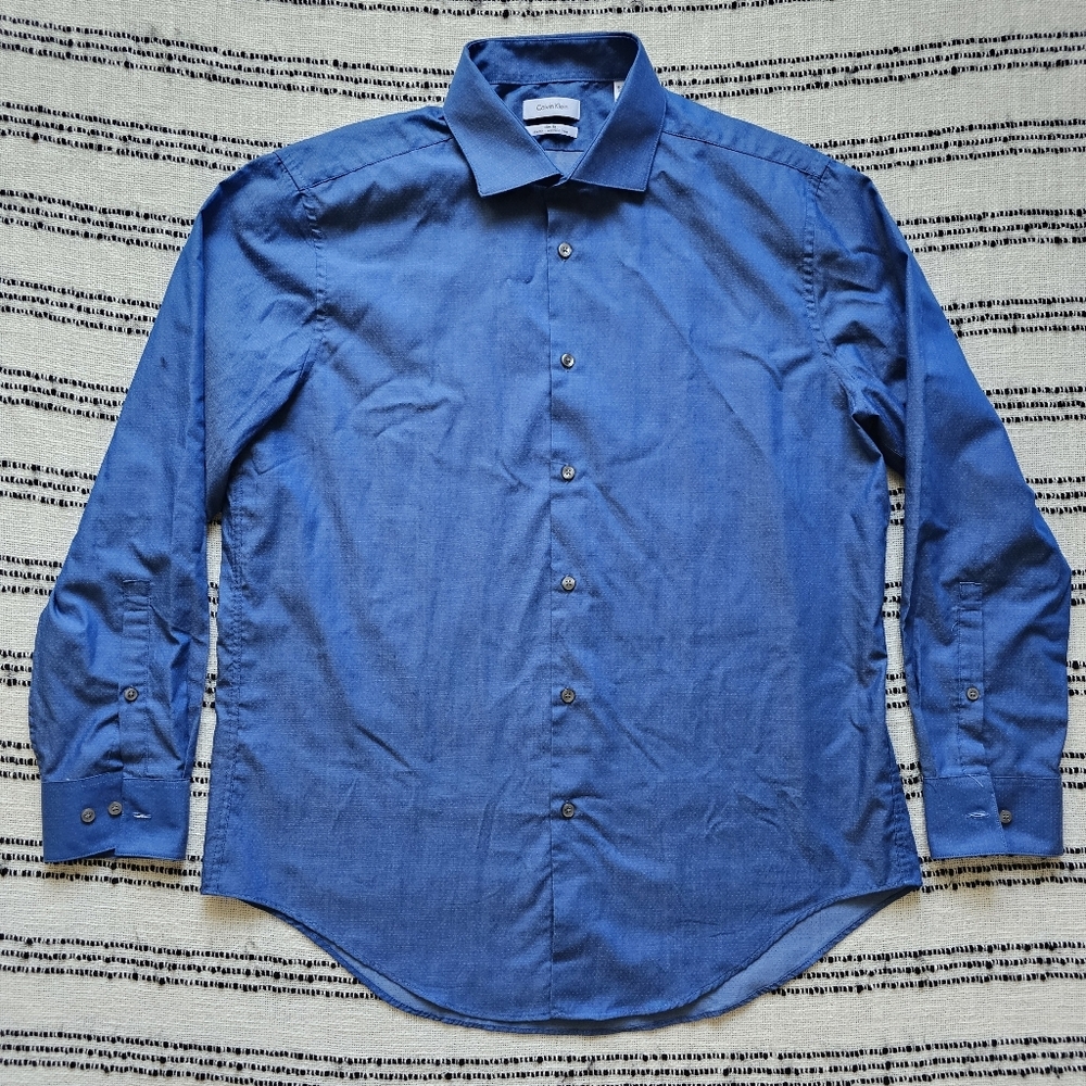 Calvin Klein Men's Blue Button Up Slim Fit Mini Dot Pattern